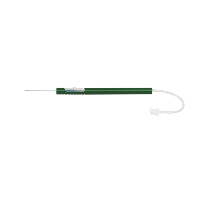 Disposable Shiraga Backflush instrument, with extendible brush tip and active aspiration. (23 gauge / 0.6 mm)