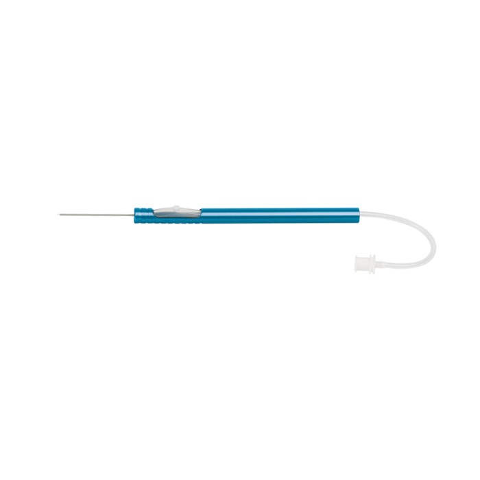 Disposable Shiraga Backflush instrument, with extendible brush tip and active aspiration. (25 gauge / 0.5 mm)